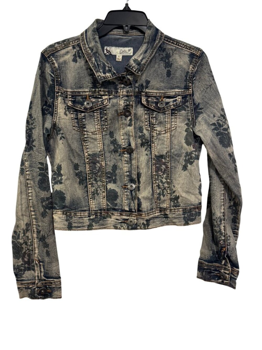 Womens Floral Print Chiqle Denim Jacket Denim Architect Button Front Size L